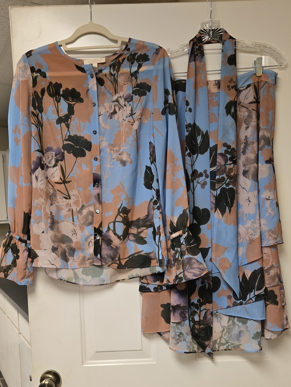 Blue and Tan Floral High-Low Skirt Set